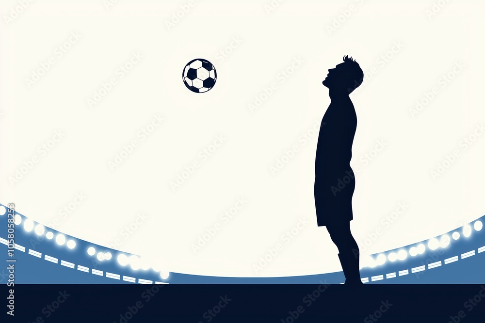 Poster silhouette of a soccer player in action, with a ball soaring above in a stadium setting.