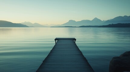 A serene wooden pier extending into a calm lake with mountains in the background.