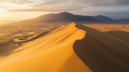 Epic Landscape: Majestic Mountains, Lush Forests, Golden Desert, and Tranquil Beach Under Golden Hour Light