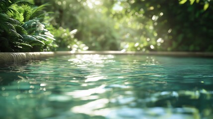 Fototapeta premium A serene swimming pool reflecting sunlight, surrounded by vibrant green plants.