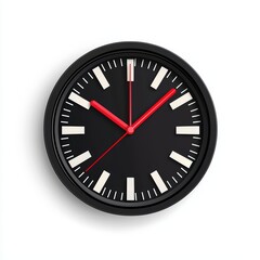 Stylish wall clock with black and white design and red hands, isolated on a white background.