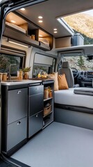 Obraz premium The interior of a van showcases a spacious bed, kitchenette area, and bright, pop punk decor with stunning mountain views outside