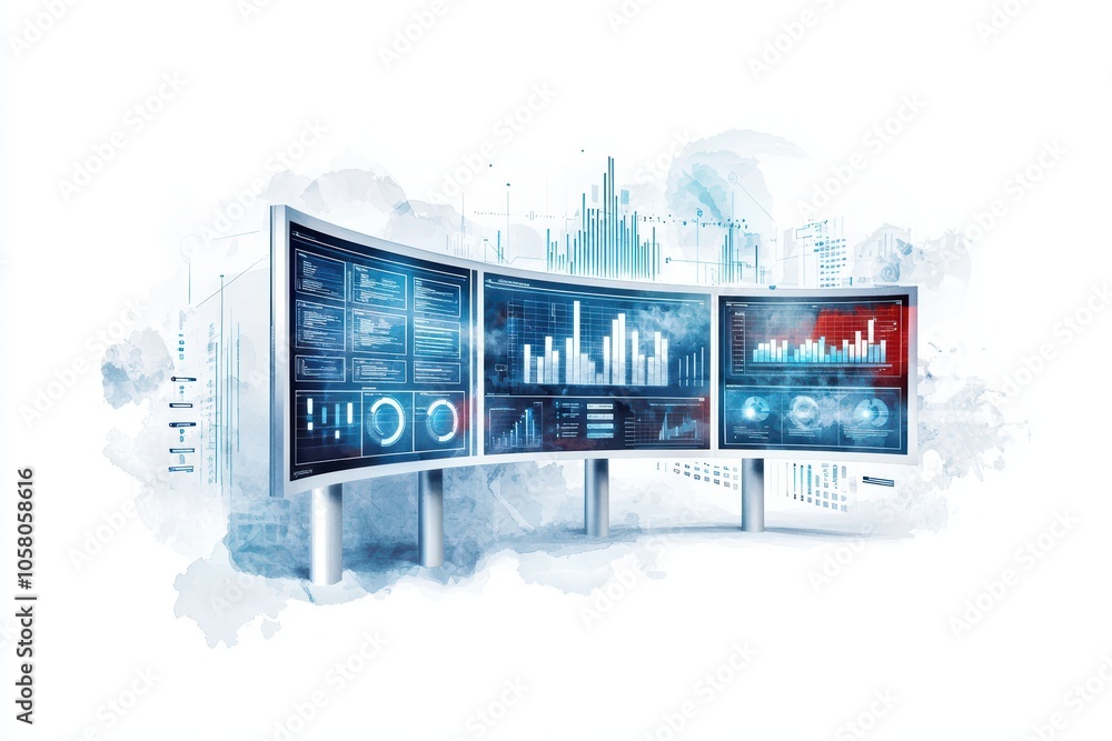 Poster three curved screens displaying futuristic data visualizations on a white isolated background.