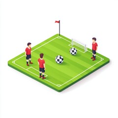Fototapeta premium Three soccer players on a vibrant field, preparing for a game together with soccer balls and a goal.