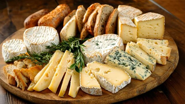 A selection of cheeses and bread arranged on a wooden board, perfect for a casual gathering