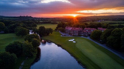 Obraz premium Aerial view of a golf course at sunset, with a river winding through the property.