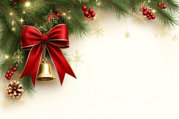 Holiday wreath with red bow and pine cones against a soft white background combining rustic and elegant elements to create a charming classic Christmas decoration