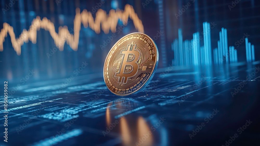 Aufkleber a golden bitcoin coin sits on a futuristic digital background with data charts and lines.