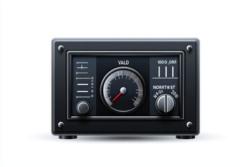Vintage radio with analog controls and display on a white isolated background.