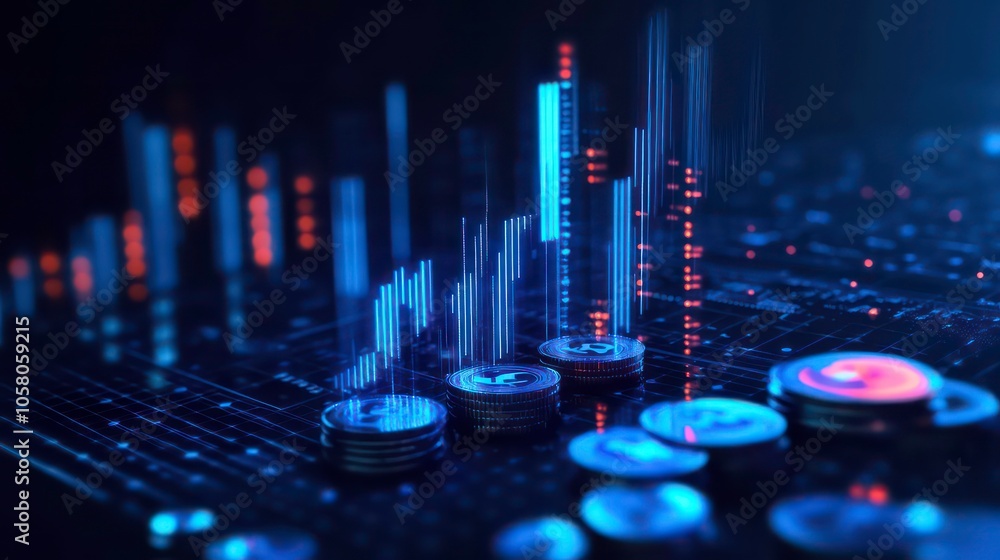 Aufkleber a close-up image of cryptocurrency coins on a circuit board with glowing blue and red lines represen