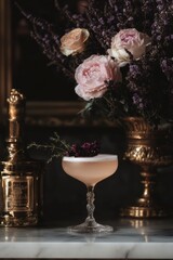 Obraz premium Holiday drinks in a luxury hotel bar. Opulent exquisitely designed floral Cocktails - A Luxurious Floral and Cocktail Display in an Editorial Aesthetic. Dark background