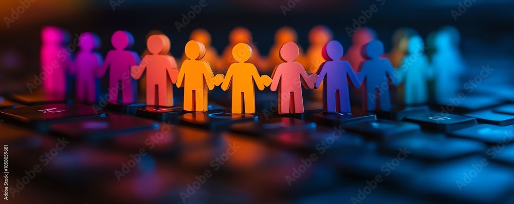 Poster closeup of paper people linked in a circle on a glowing computer keyboard, symbolizing online commun