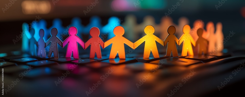 Poster closeup of paper people linked in a circle on a glowing computer keyboard, symbolizing online commun