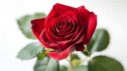 Fototapeta premium A single, stunning red rose in full bloom, delicately placed on a pure white background, showcasing its rich petals and vibrant color