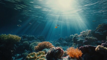 Fototapeta premium A vibrant underwater scene showcasing colorful coral reefs and fish in clear blue water.