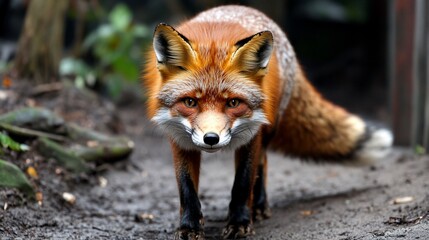 Fototapeta premium A red fox with a white chest stands alert, looking directly at the camera.