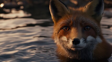 Obraz premium A red fox with piercing amber eyes stares intently at the camera from the water.