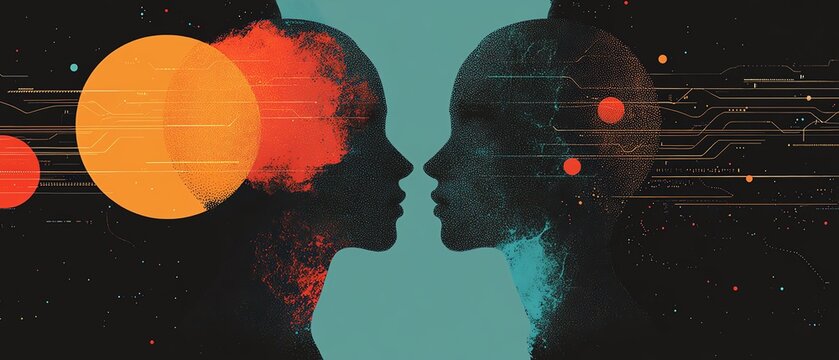 Dynamic illustration of two heads intertwined with data visuals and AIgenerated elements, showcasing the essence of communication and connection in a digital world