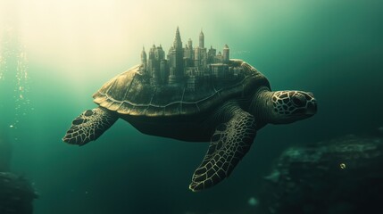 Fototapeta premium A turtle swimming underwater with a city skyline on its back, creating a surreal scene.