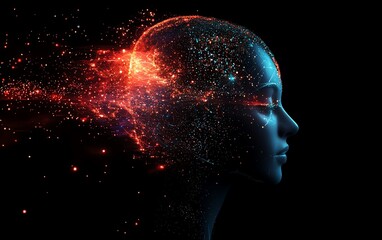 Obraz premium Graphic of two abstract heads connected by glowing circuits, emphasizing the theme of communication and connection fostered by generative AI technology