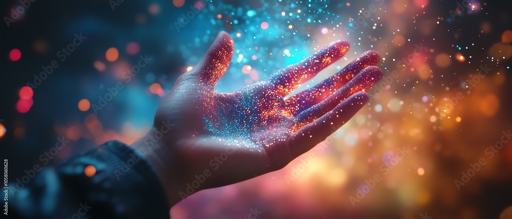 Aufkleber hand reaching into a colorful metaverse universe, surrounded by digital particles and holographic vi