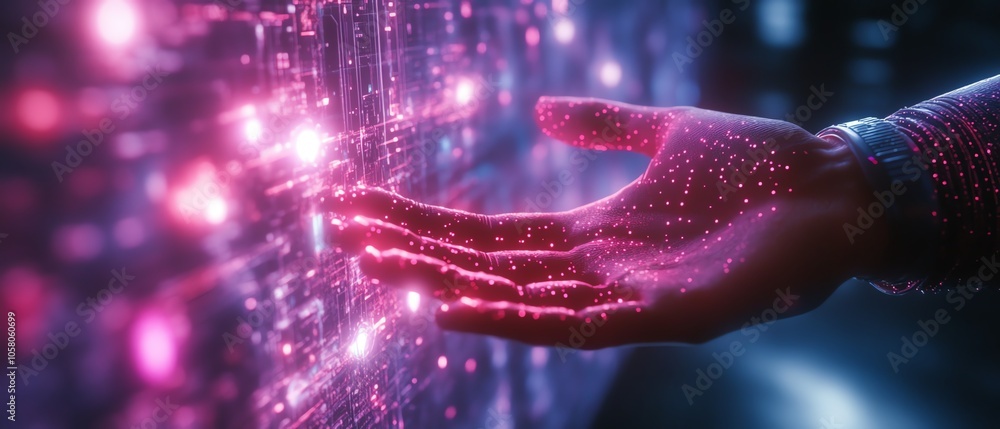 Poster hand reaching out to touch a glowing metaverse universe, with holographic elements and digital grids