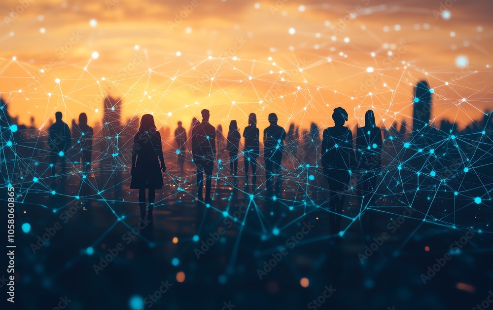 Poster illustration of a diverse group of people connected through digital links on a vibrant internet back