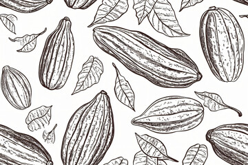 seamless pattern illustration engraving cocoa beans top view inline stile black lines on white background 