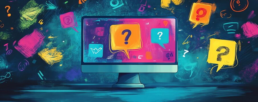 Illustration of a computer monitor displaying a vibrant FAQ section, filled with various questions and colorful graphics, highlighting the search for knowledge online