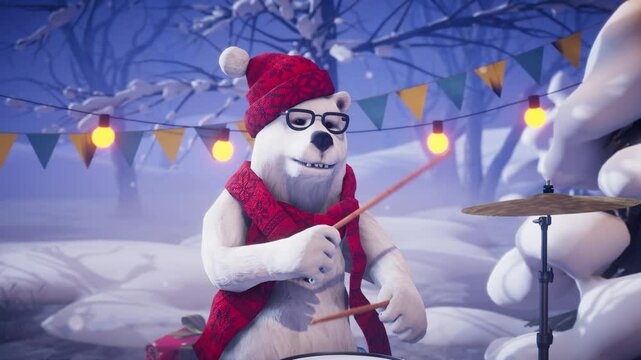Christmas party: funny polar bear in red hat and scarf playing drums on winter holiday background.
Animated video for greeting cards, holiday events, New Year parties