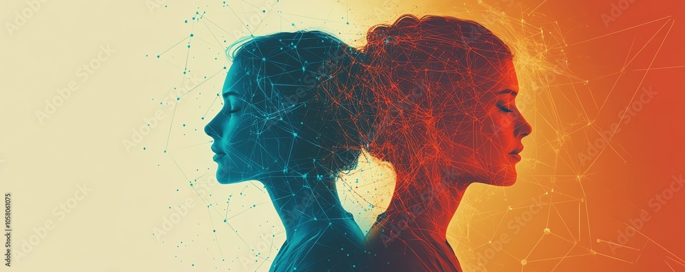 Aufkleber illustration of two human heads merging into a network of digital lines and nodes, showcasing the co