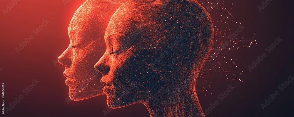 Aufkleber Illustration of two human heads merging into a network of digital lines and nodes, showcasing the concept of connection and communication enhanced by generative AI