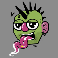 isolated vector cartoon punk facial expression taking medicine pills on gray background