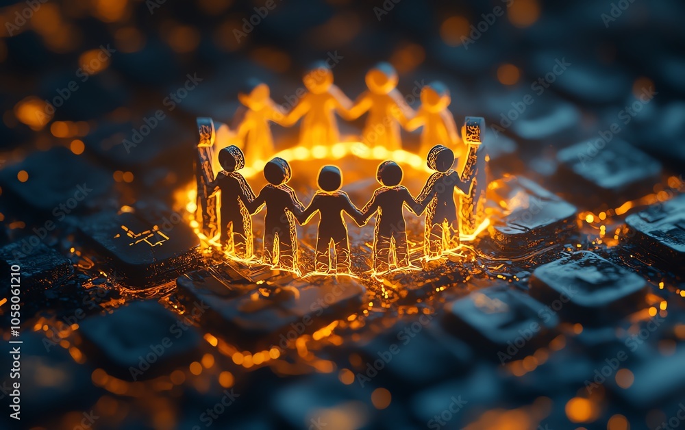 Poster papercut human figures holding hands in a circle on a computer keyboard, symbolizing online support 