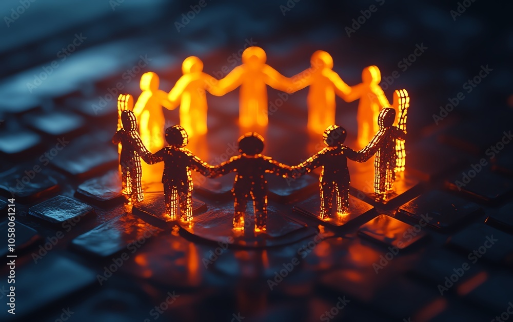 Poster papercut human figures holding hands in a circle on a computer keyboard, symbolizing online support 