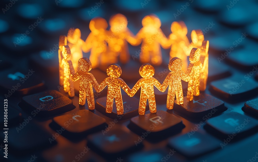 Poster papercut human figures holding hands in a circle on a computer keyboard, symbolizing online support 