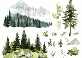 A set of watercolor forest clip art, featuring various trees and mountains in green tones against white backgrounds. 