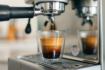 Observe a highquality espresso machine preparing hot, fresh coffee in a transparent glass cup for your enjoyment