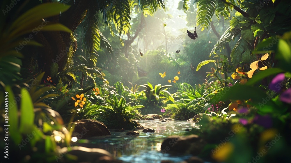 Poster a lush, tropical jungle scene with a small stream running through it. sunlight streams through the d