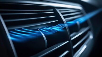 Closeup of a car's air conditioning vent with blue air flow coming out.