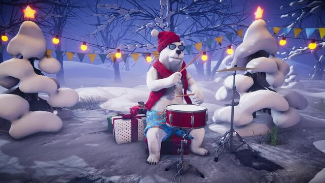 Christmas party: funny polar bear in red hat and scarf playing drums on winter holiday background.
Animated video for greeting cards, holiday events, New Year parties