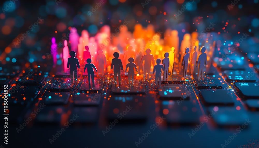 Poster virtual community of paper cutout people standing in a circle on a computer keyboard, symbolizing on