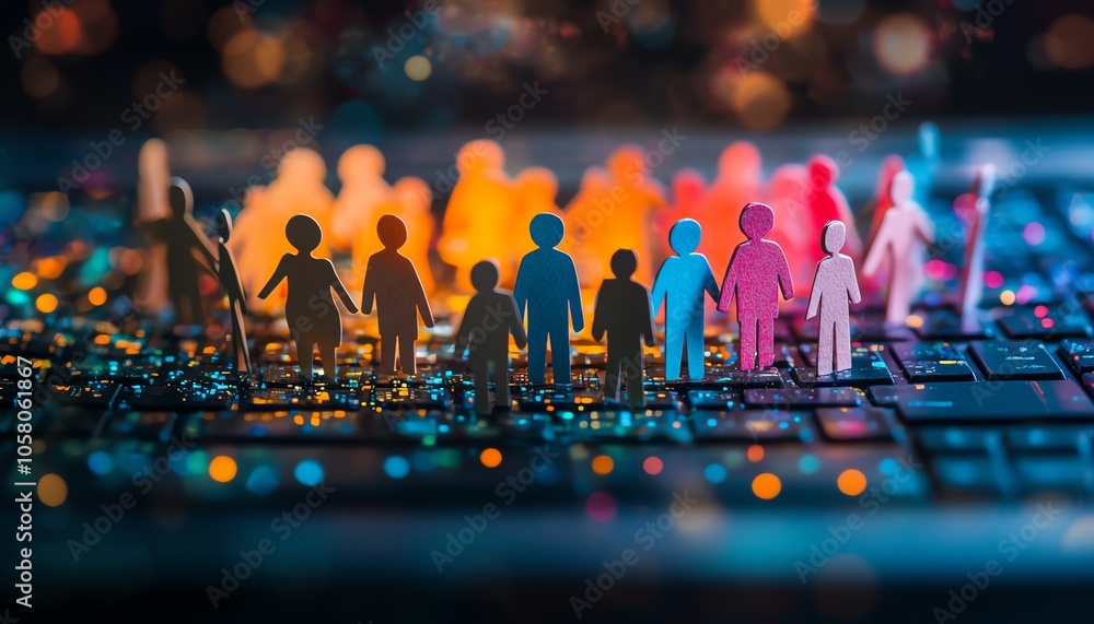 Poster virtual community of paper cutout people standing in a circle on a computer keyboard, symbolizing on