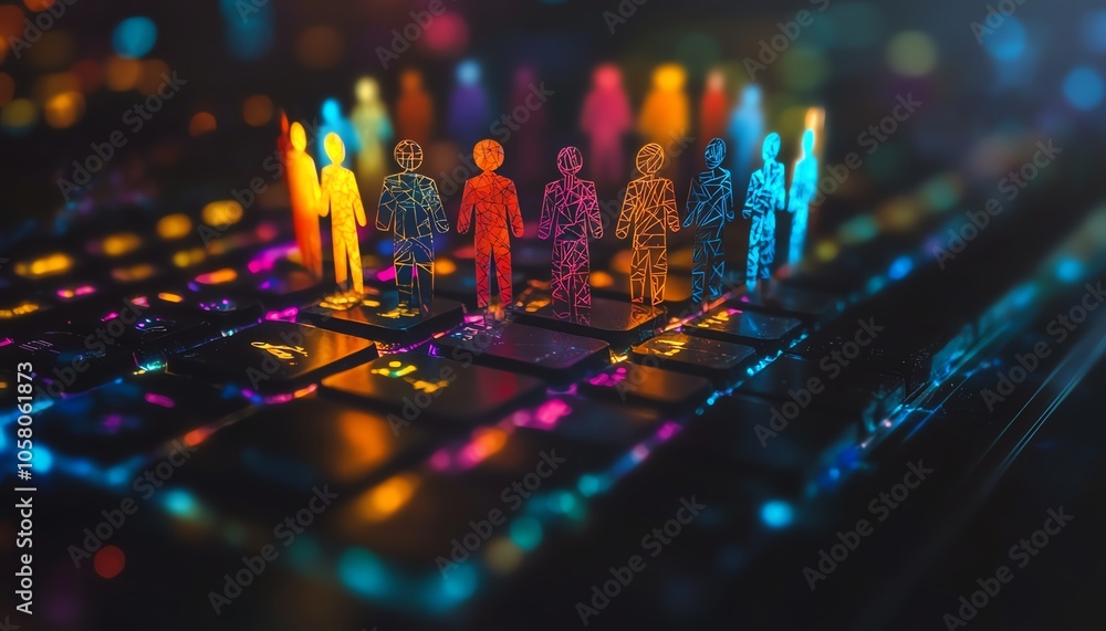 Poster virtual community of paper cutout people standing in a circle on a computer keyboard, symbolizing on