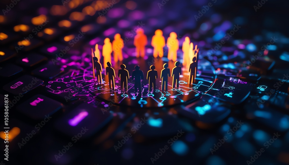Poster virtual community of paper cutout people standing in a circle on a computer keyboard, symbolizing on