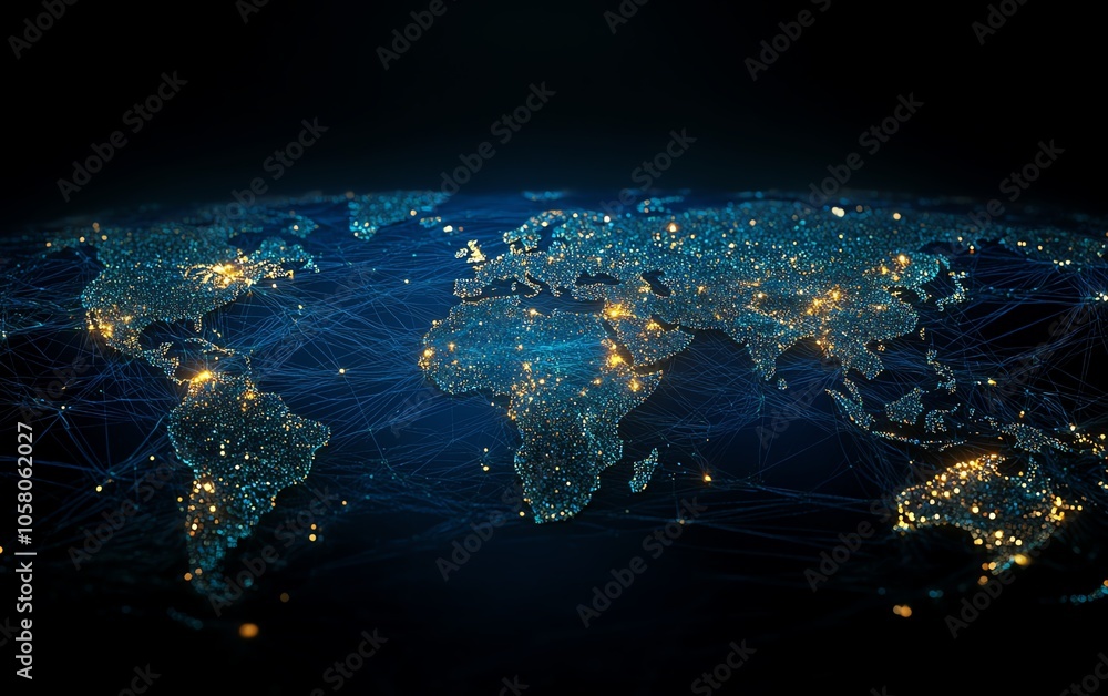 Poster Visual representation of a global network connection with an intricate web of links and nodes, symbolizing seamless communication across the internet