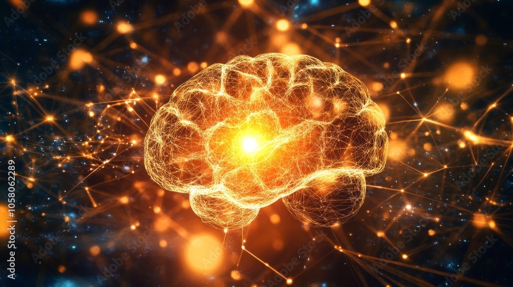 Poster A digital rendering of a human brain made up of lines of light, glowing bright orange and yellow. It is surrounded by a field of connecting lines and orbs.