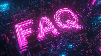 Vibrant pink neon "faq" sign set against a futuristic virtual tech background featuring digital lines and circuits, perfect for tech support, web design, or digital marketing