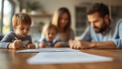 Fototapeta premium A family seated around a table reviewing insurance papers, serious yet comforting vibe, high realism, focus on care and support, professional lighting, soft tones