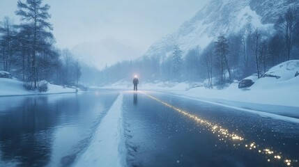 Obraz premium Crossing frozen lakes with glowing AR safety and navigation tools, serene snowy landscape, soft ambient lighting, photorealistic